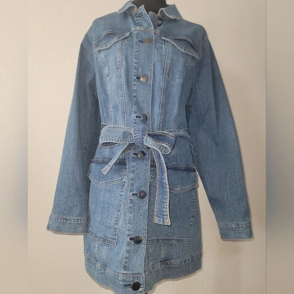 Lane Bryant Long Denim Jean Jacket Trench Coat Style Sz 14 - Picture 1 of 12